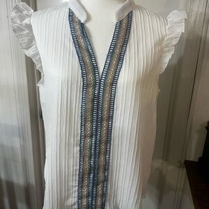 White Ruffle Sleeve Top with Blue Trim